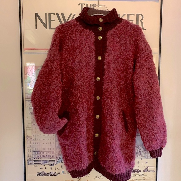 Hand knit merlot wool sweater with contrast details & beautiful buttons - Picture 1 of 11